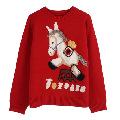 Intarsia pullover sweater manufacturer flat front view of pony design sweater WPW-AW25170
