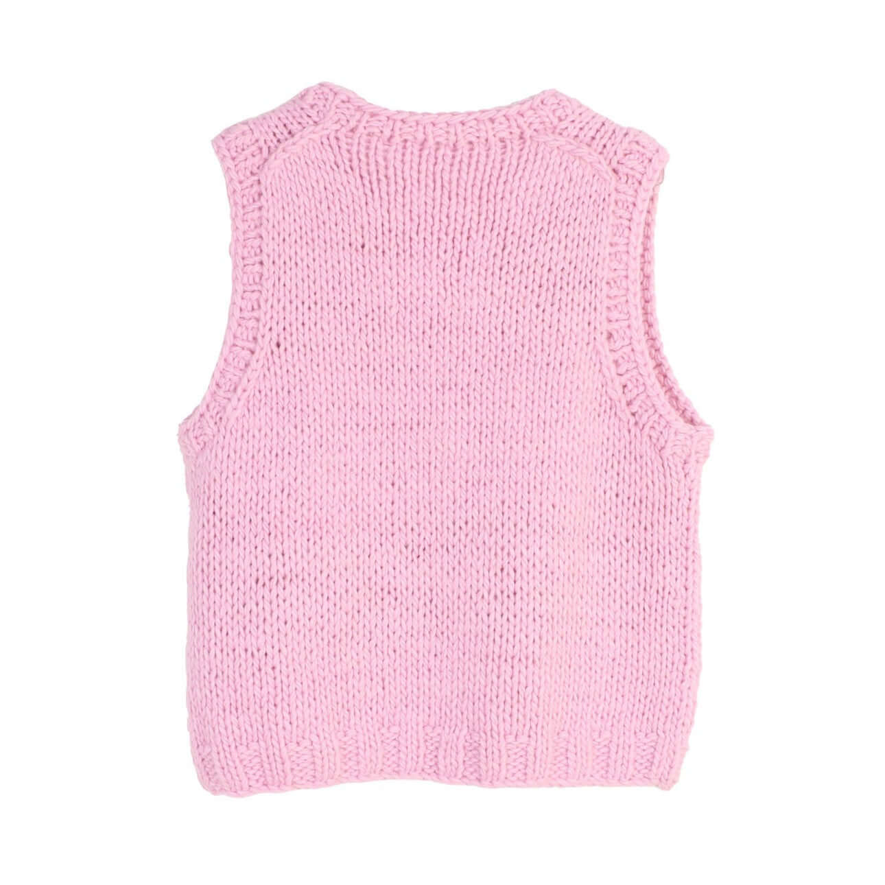 Hand knitted sleeveless top manufacturer back flat lay of pink knitted sleeveless sweater