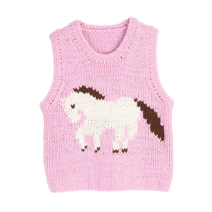 Hand knitted sleeveless top manufacturer front flat lay of pink pony pattern top WSBL-SS26160