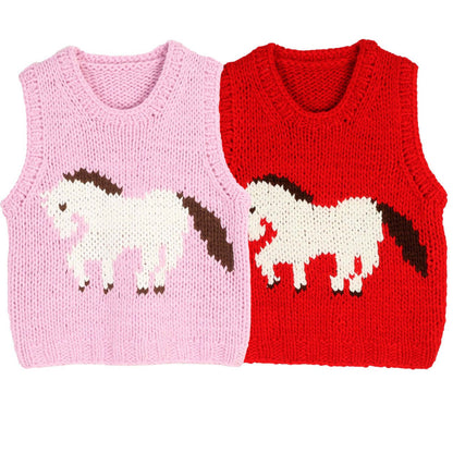 Hand knitted sleeveless top manufacturer flat lay comparison of pink and red color options
