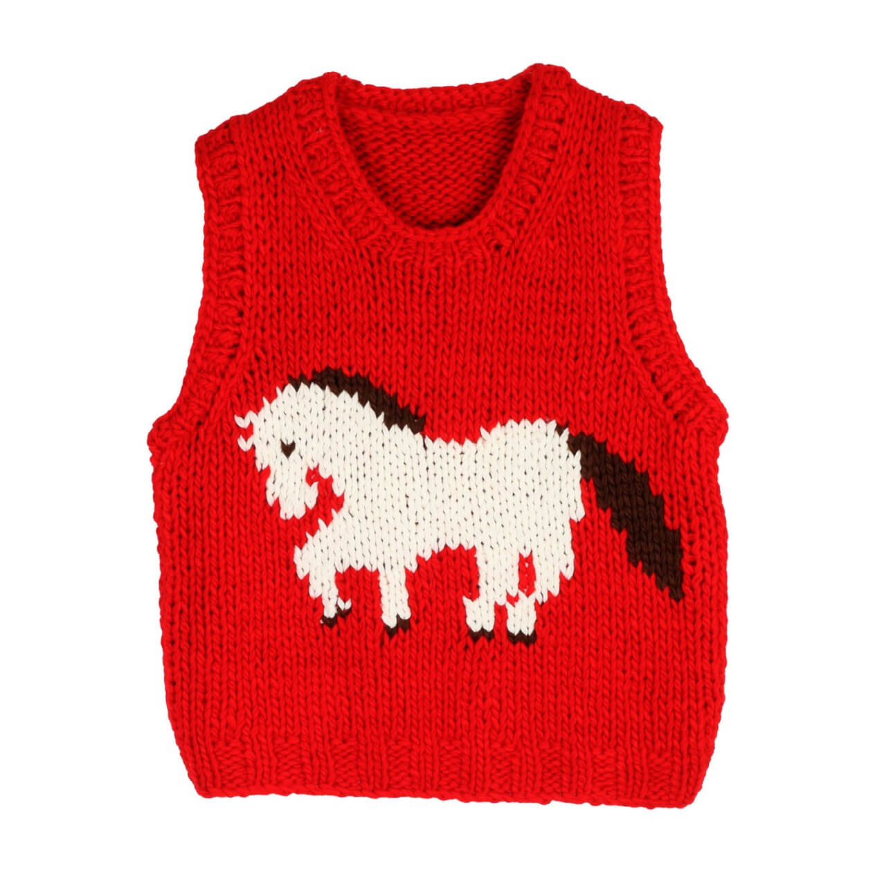 Hand knitted sleeveless top manufacturer front flat lay of red pony design sleeveless top