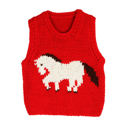 Hand knitted sleeveless top manufacturer front flat lay of red pony design sleeveless top