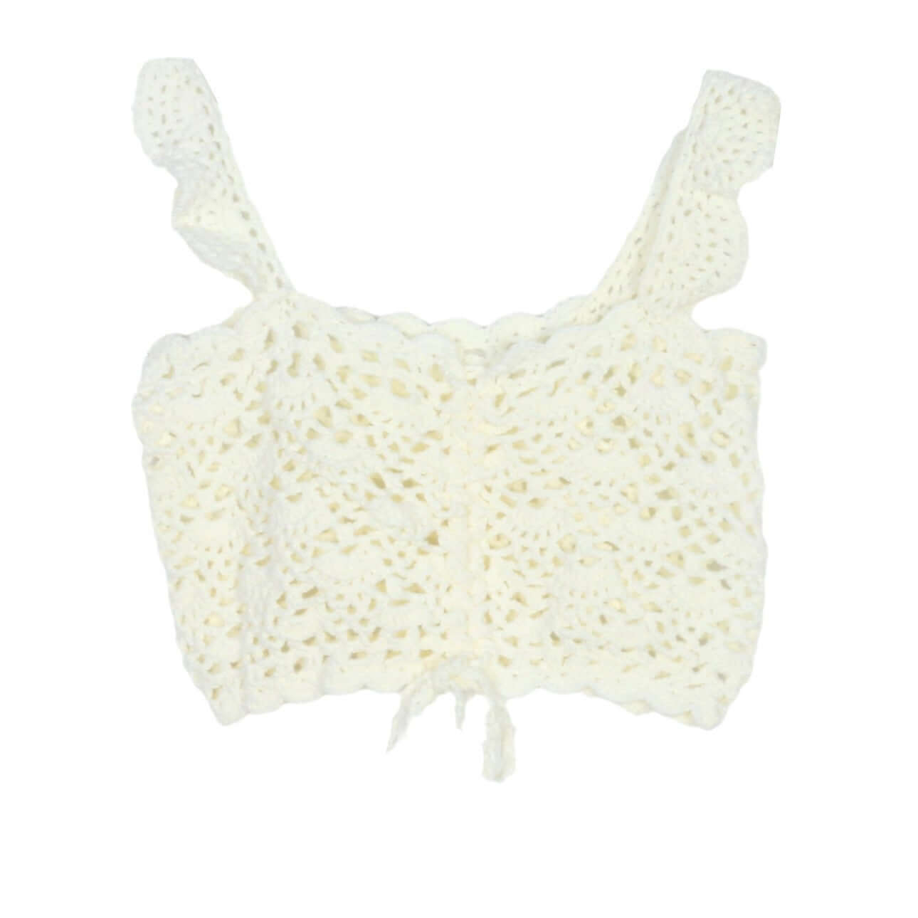 Hand Crochet Sleeveless Top Manufacturer | Adjustable Drawstring Top in cream color, showcasing intricate crochet design.