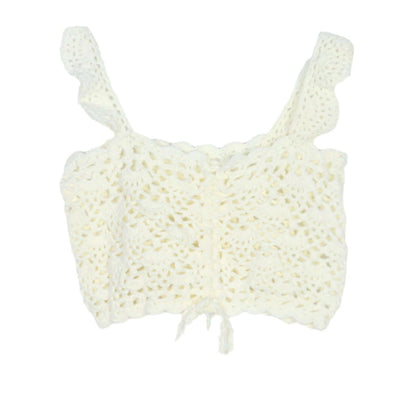 Hand Crochet Sleeveless Top Manufacturer | Adjustable Drawstring Top in cream color, showcasing intricate crochet design.