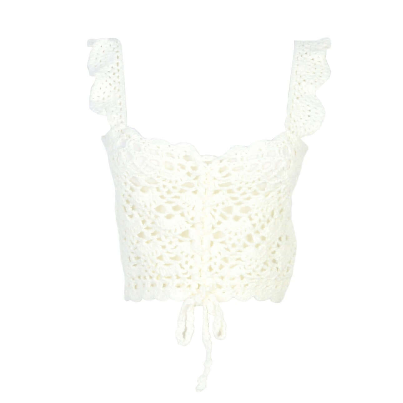 Hand Crochet Sleeveless Top Manufacturer | Adjustable drawstring white crochet top with ruffled straps.
