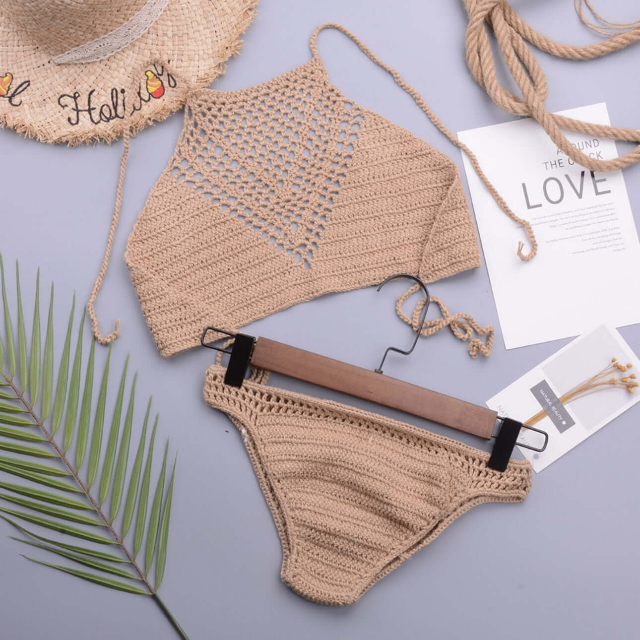 Apricot hand crochet bikini set flat lay custom yarn option