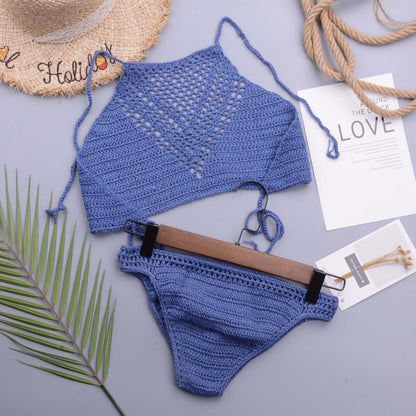 Blue hand crochet bikini set flat lay for swimwear brands