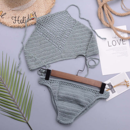 Grey hand crochet bikini set flat lay bulk production