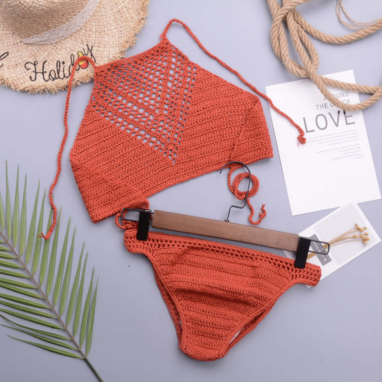 Tangerine hand crochet bikini set flat lay OEM supplier