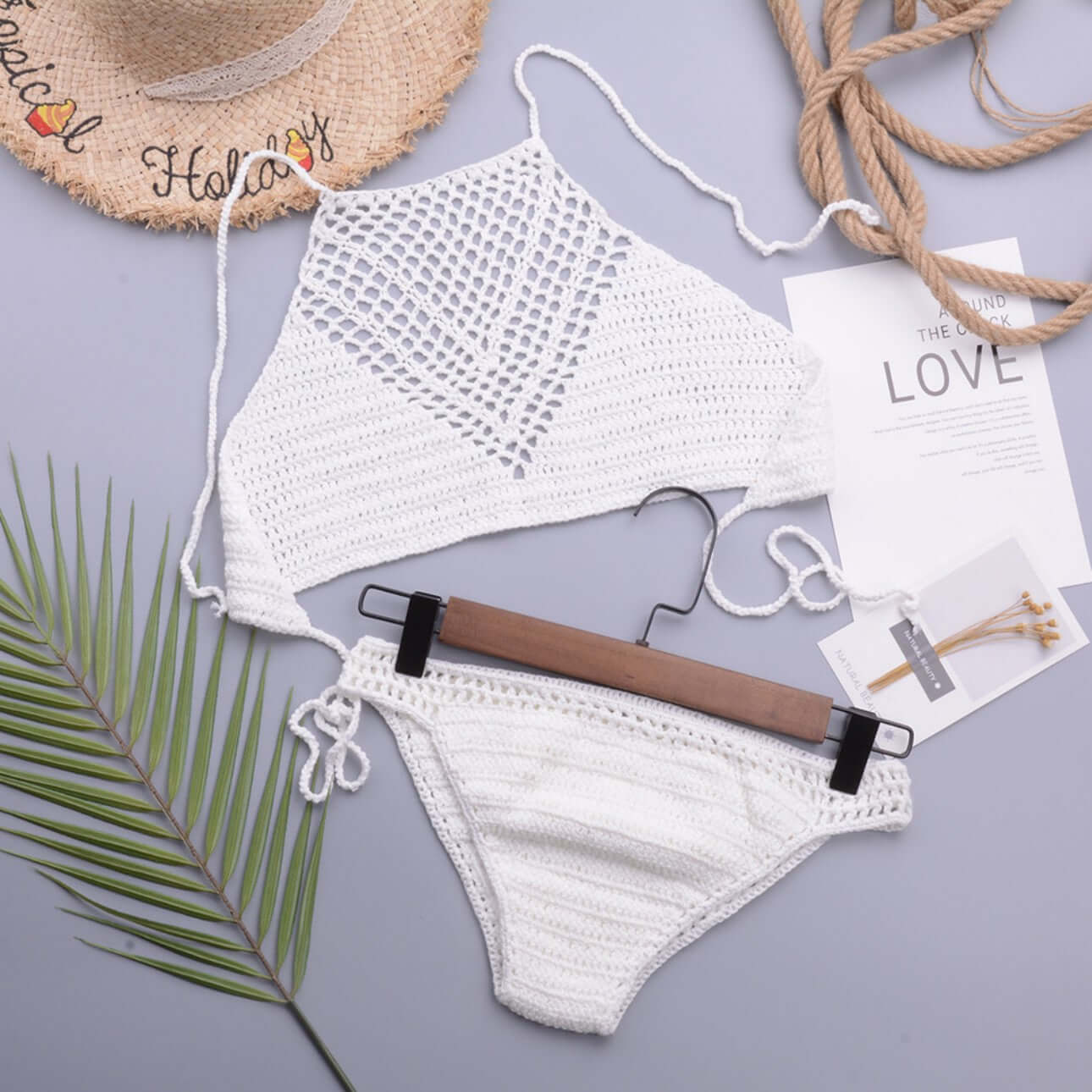 White hand crochet bikini set flat lay wholesale supply