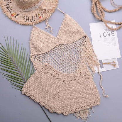 Fringe Hand Crochet Bikini beige set private label OEM supply
