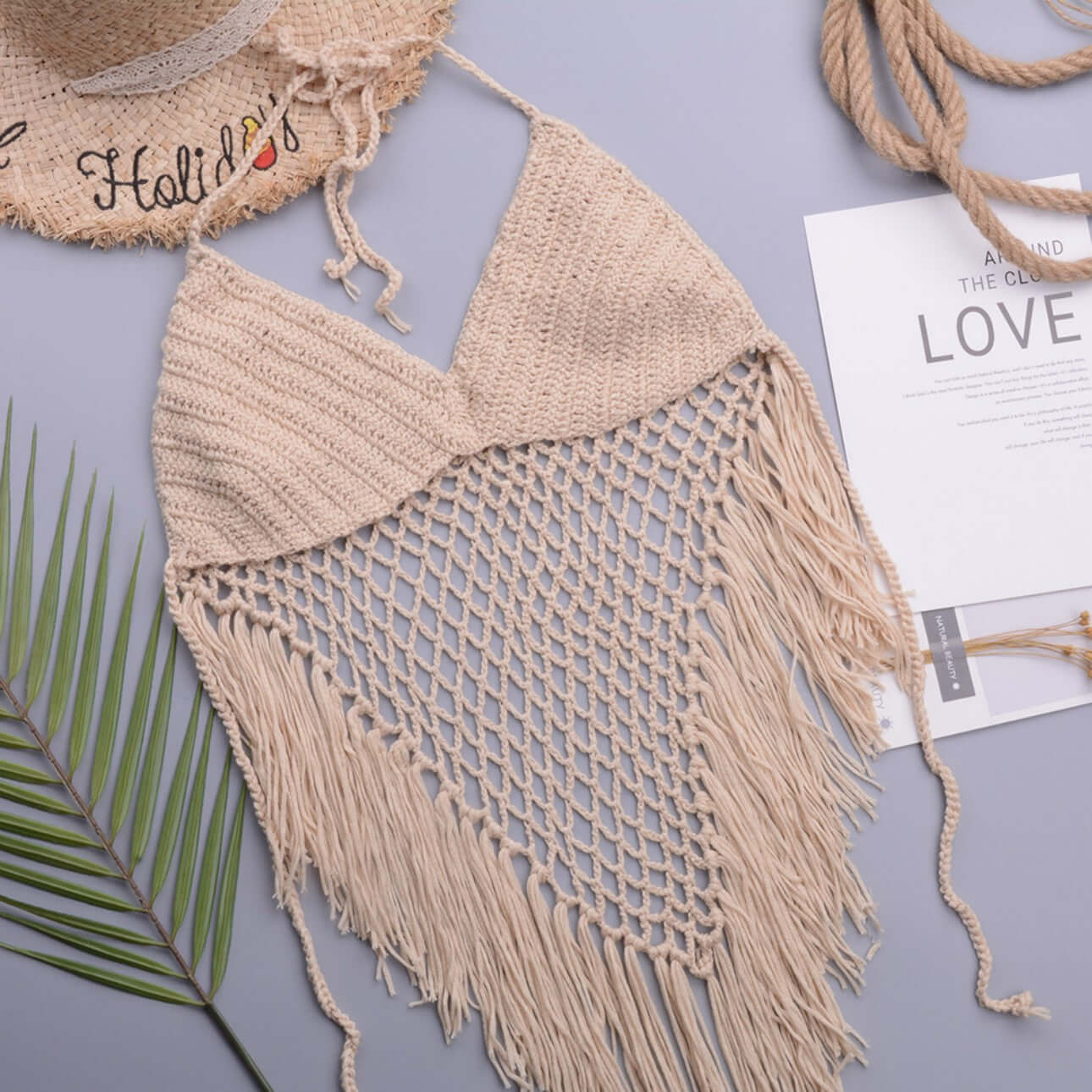 Fringe Hand Crochet Bikini beige top flat lay custom yarn option