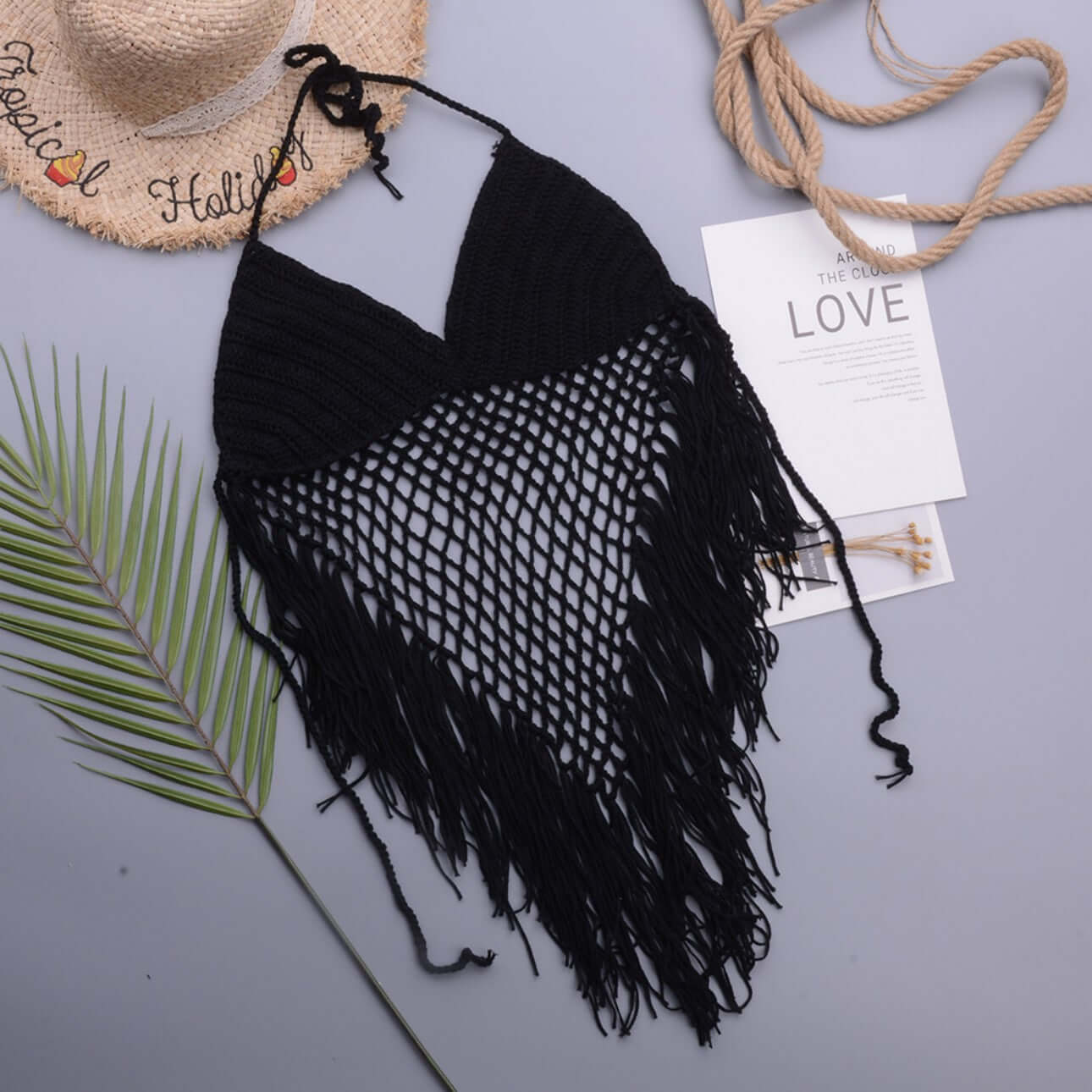 Fringe Hand Crochet Bikini black top flat lay manufacturer