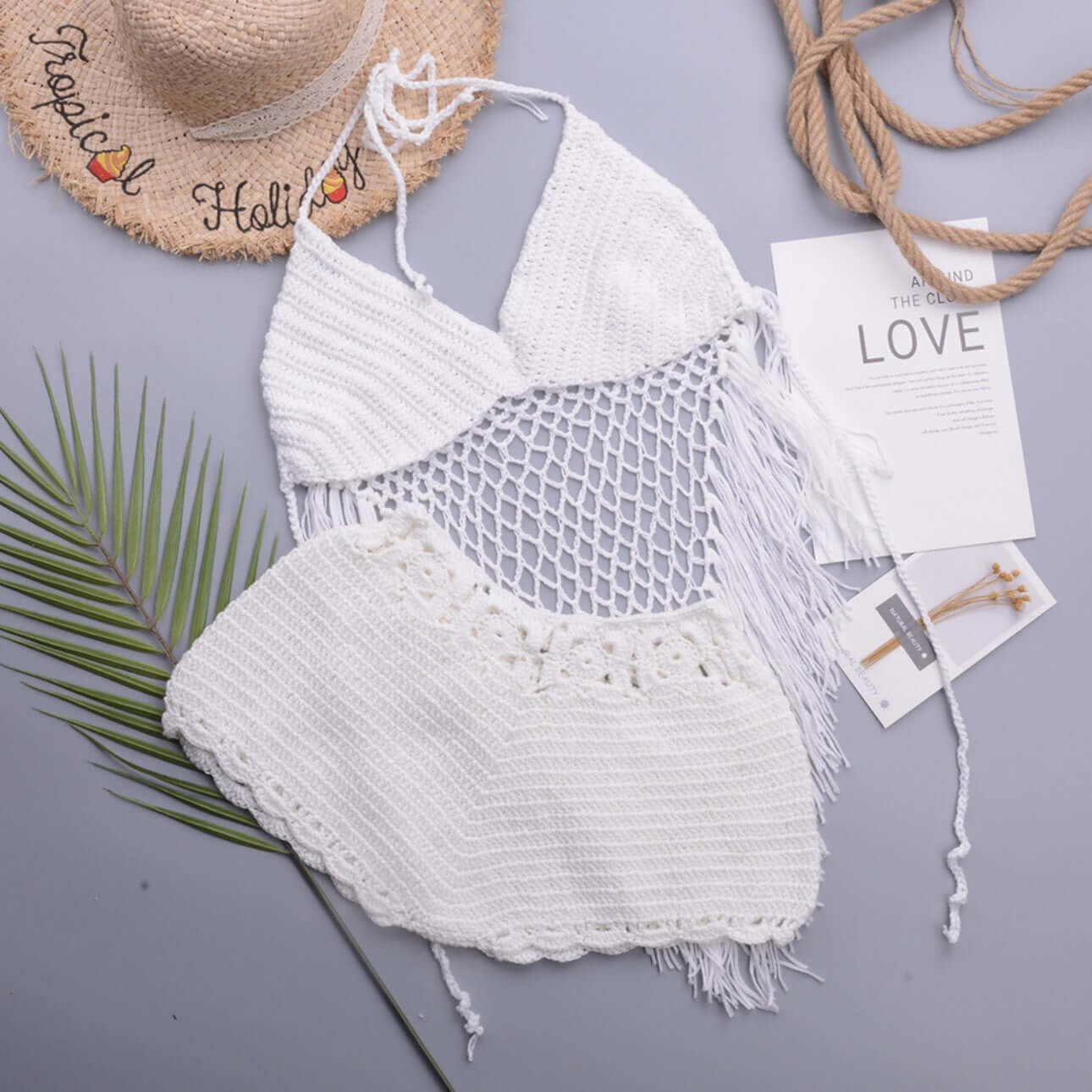 Fringe Hand Crochet Bikini white set with lace shorts OEM