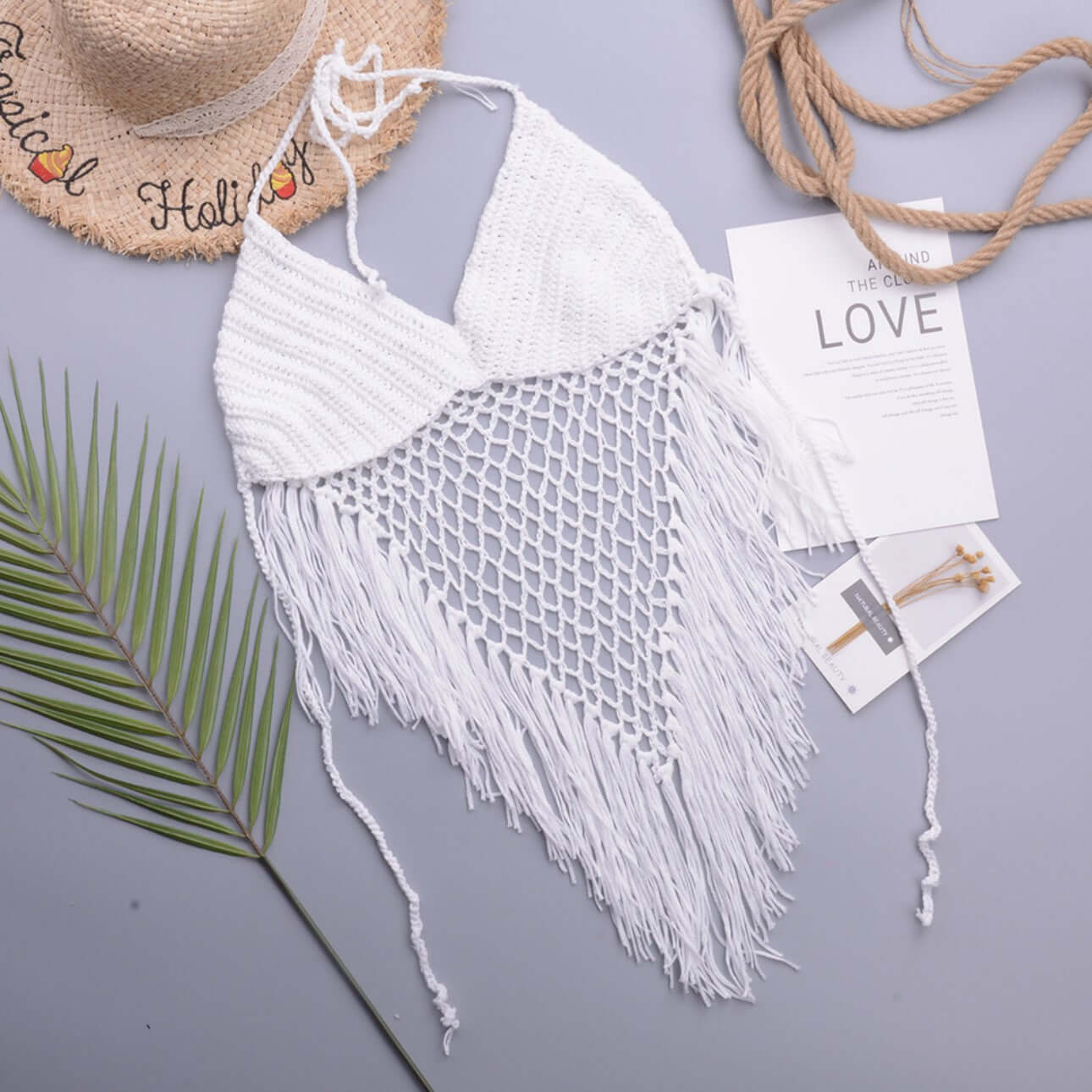 Fringe Hand Crochet Bikini white top flat lay wholesale supply