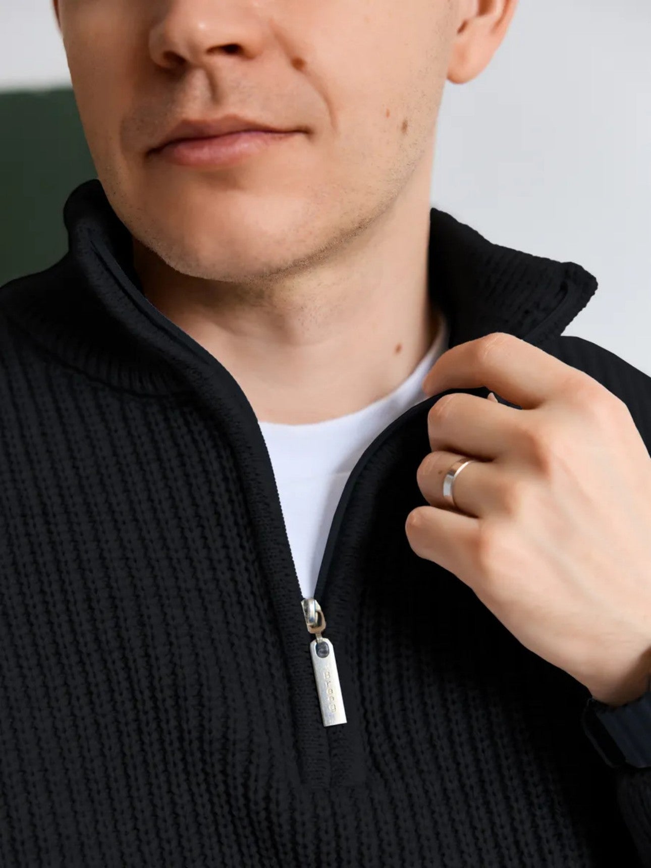 Collar and zipper detail of black half zip sweater