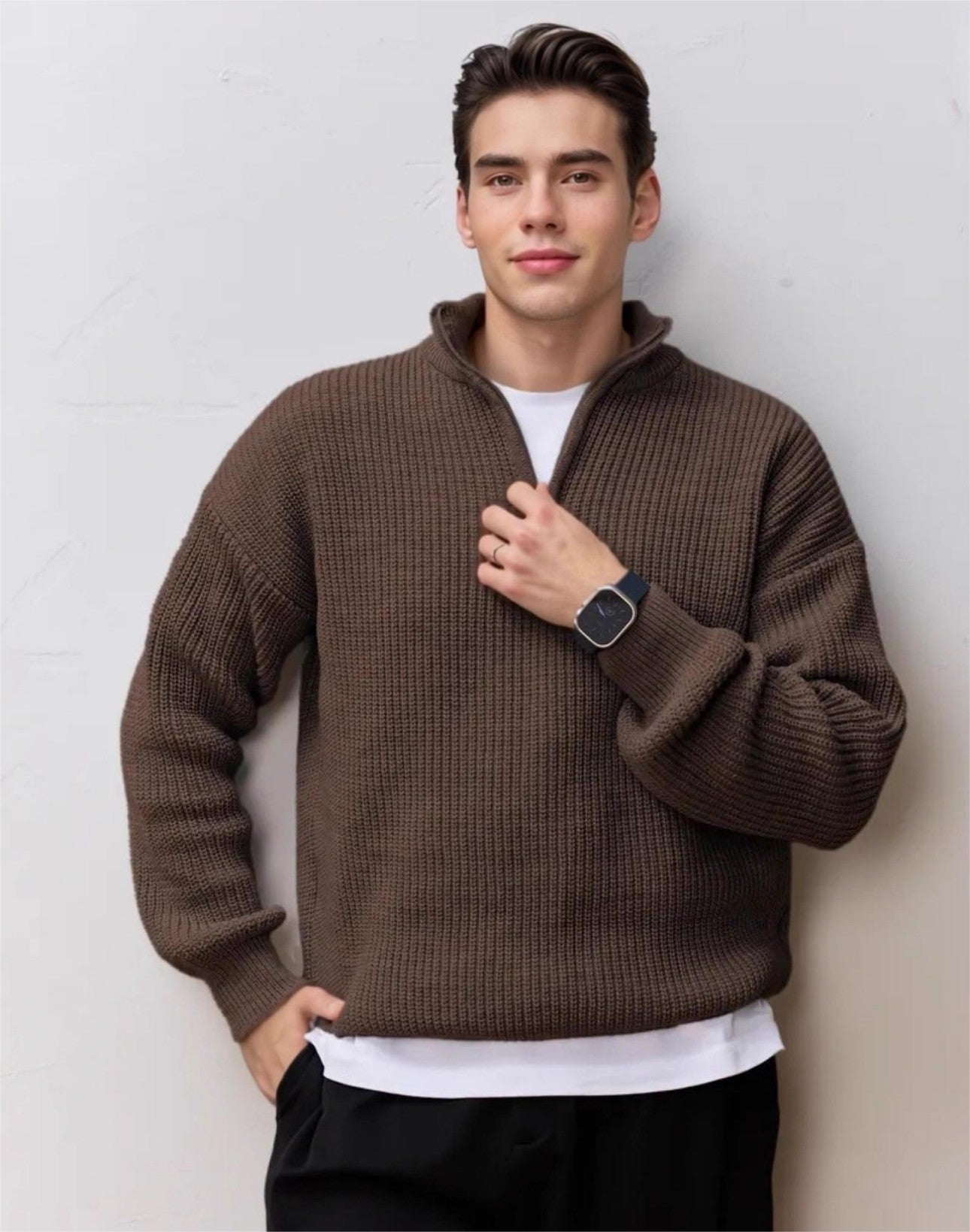 Man wearing half zip sweater in coffee color, front view