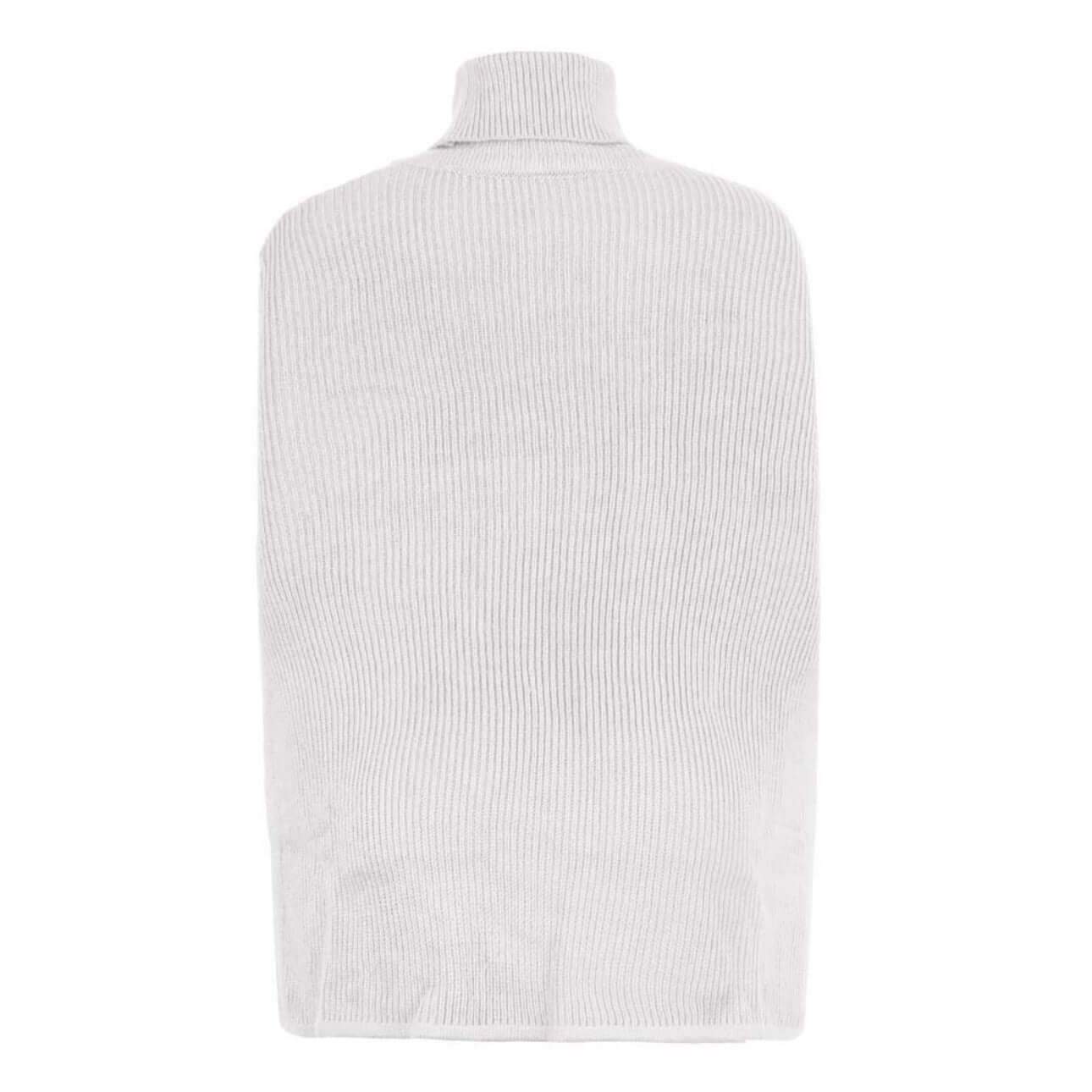 Back view of beige high neck cape sweater flat lay.