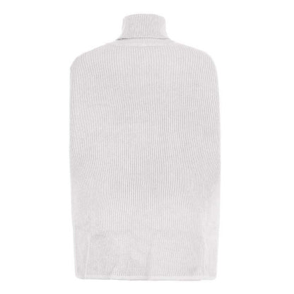 Back view of beige high neck cape sweater flat lay.