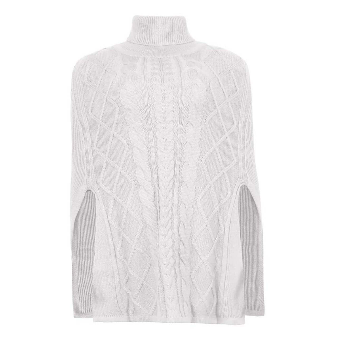 Flat lay front view of beige high neck cape sweater.