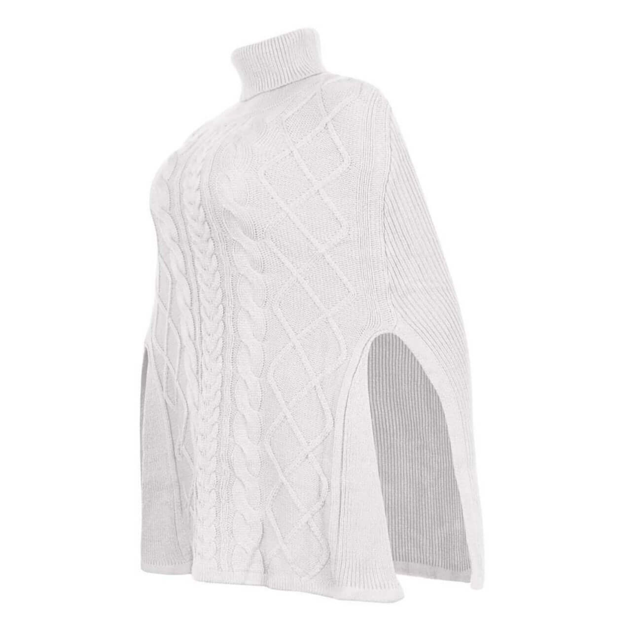 Side profile of beige high neck cape sweater flat display.