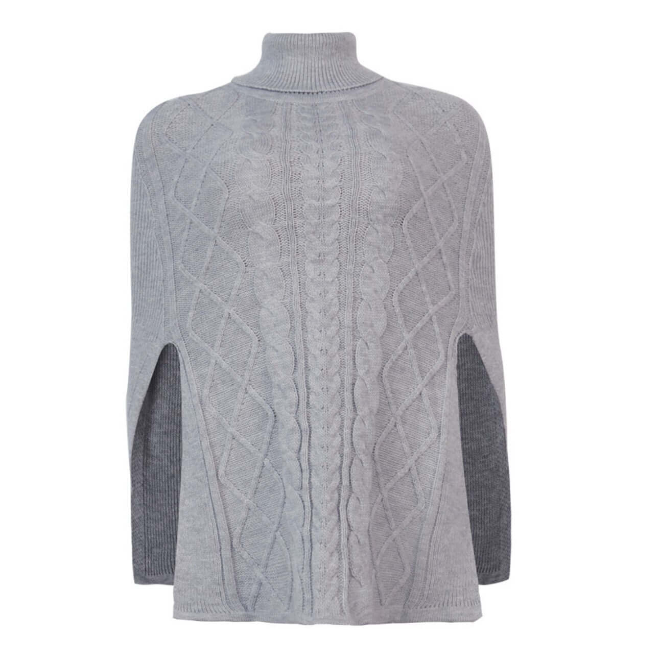 Flat lay front view of light gray high neck cape sweater.