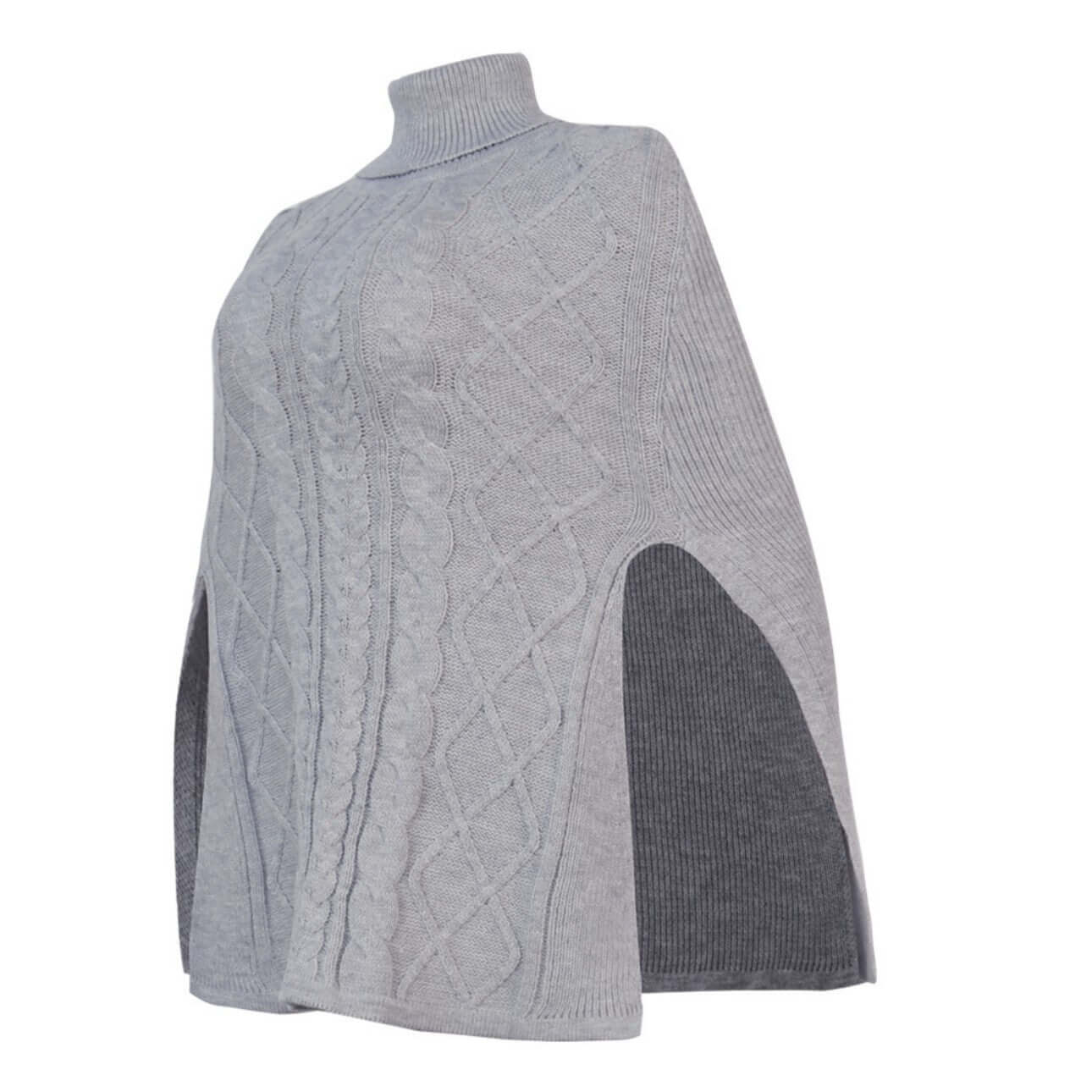 Side view of light gray high neck cape sweater flat presentation.