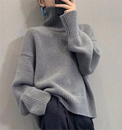 Gray high neck sweater, front view on woman