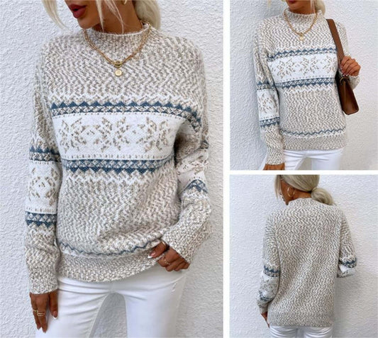 Women's Jacquard Pattern Sweater in beige and blue, stylish holiday knitwear, perfect for festive occasions.