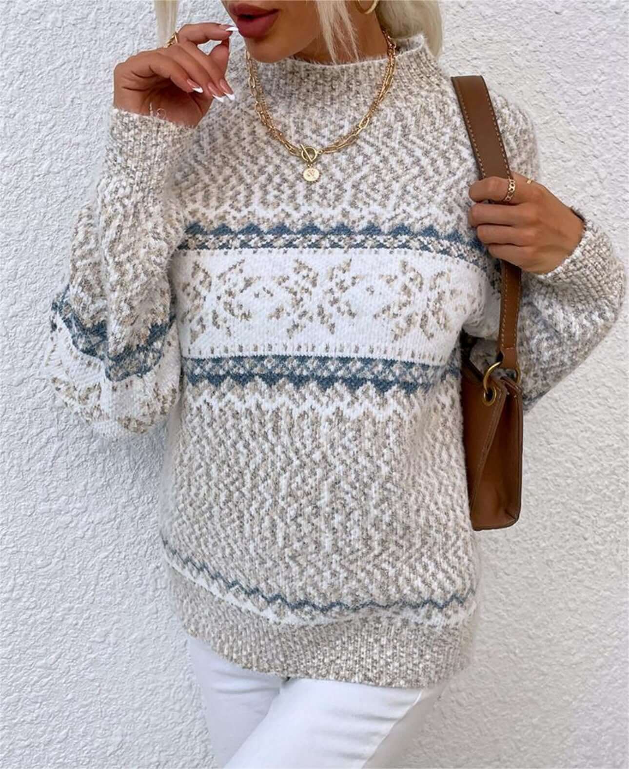Women wearing a stylish Jacquard Pattern Sweater, showcasing intricate patterns and a mid neck design, perfect for holidays.