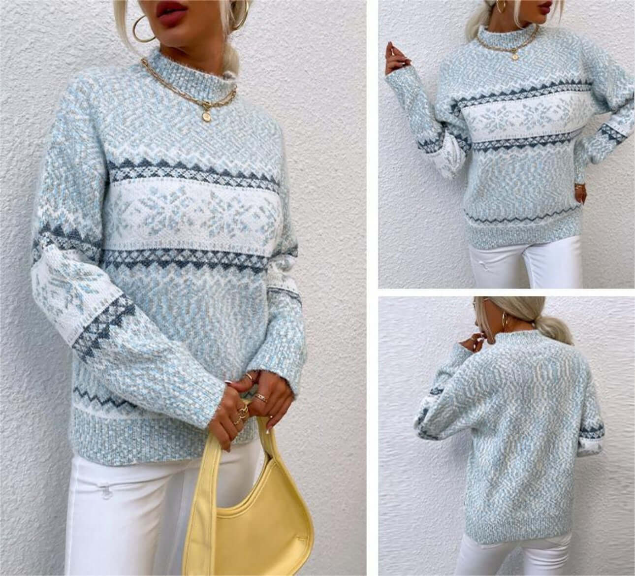 Women wearing a Jacquard Pattern Sweater, showcasing stylish knit design with mid neck, perfect for holiday wear.