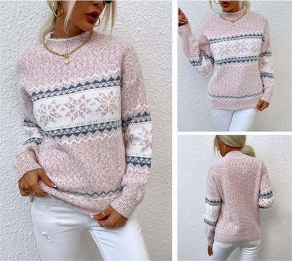 Women's Jacquard Pattern Sweater in pink with winter design, mid neck holiday knit outfit.