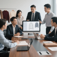 Apparel brand manager discussing knitwear designs with our product development team