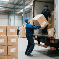 Packed knitwear orders being loaded for shipment with global logistics partners