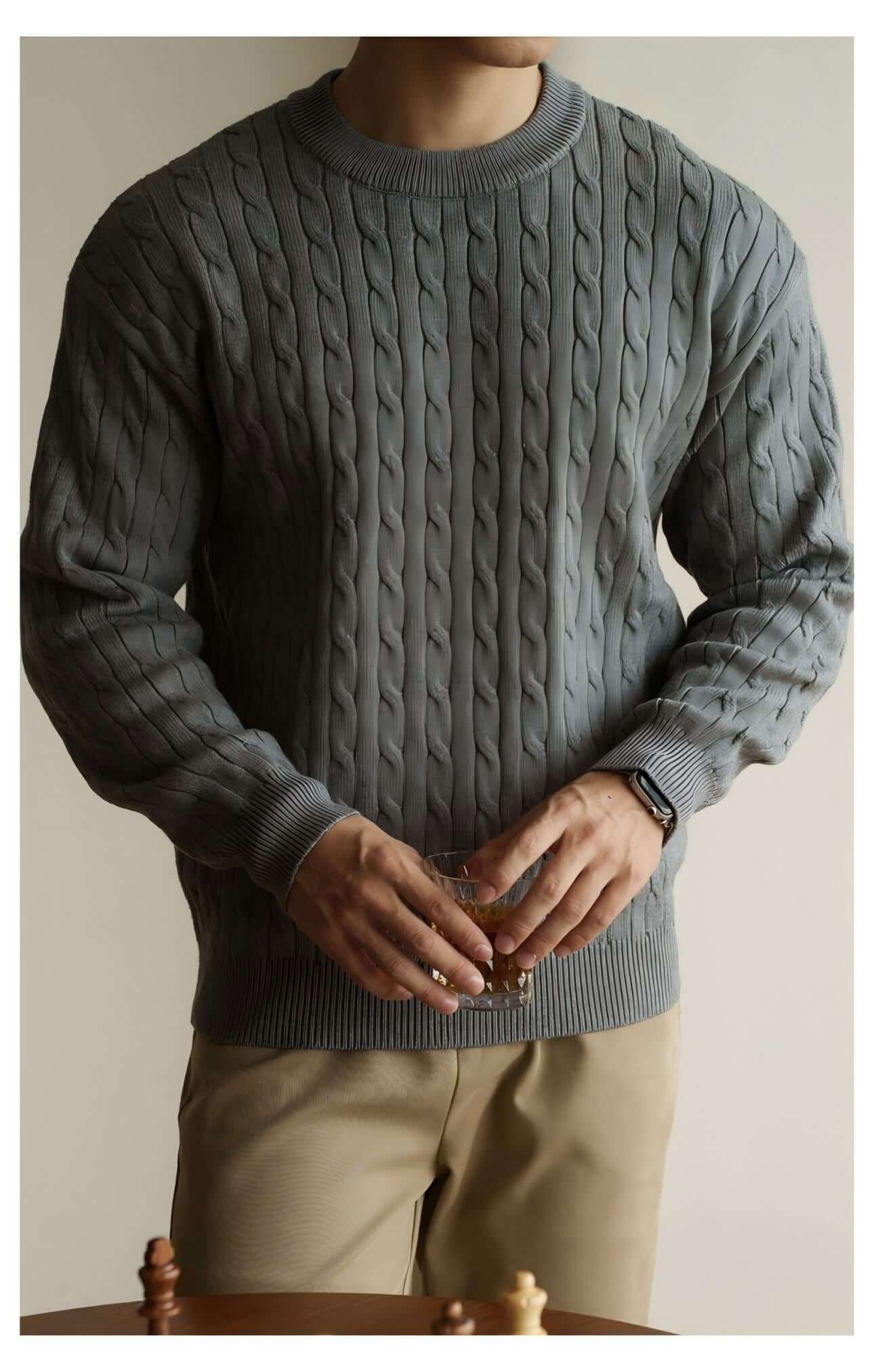 Men's Cable Knit Sweater OEM in gray with traditional Aran patterns, ideal for stylish attire.