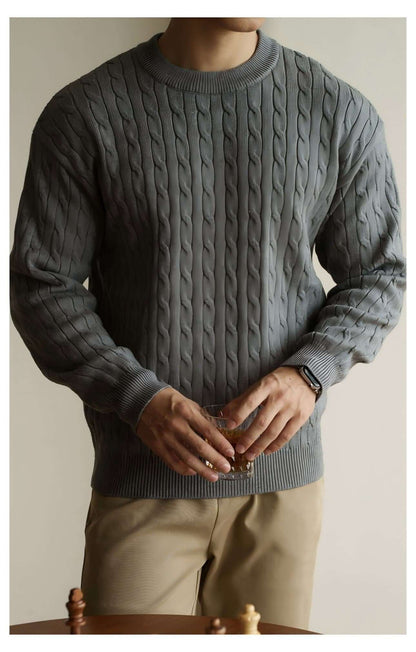 Men's Cable Knit Sweater OEM in gray with traditional Aran patterns, ideal for stylish attire.