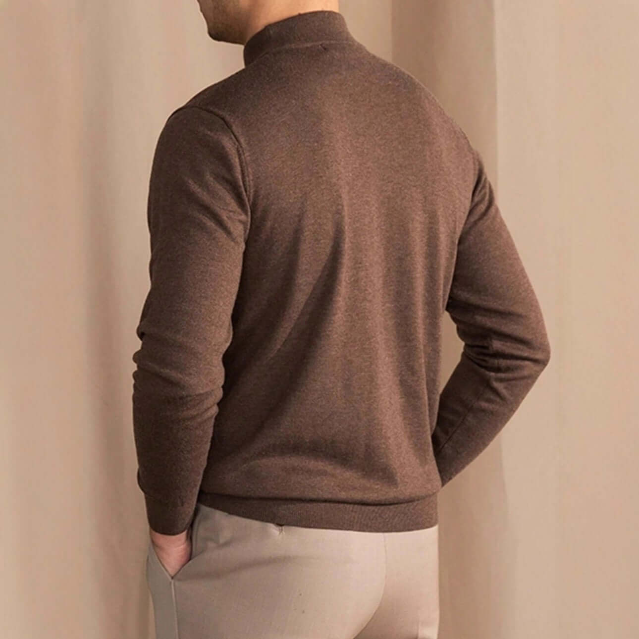 Men's coffee half turtleneck knitted sweater left back view