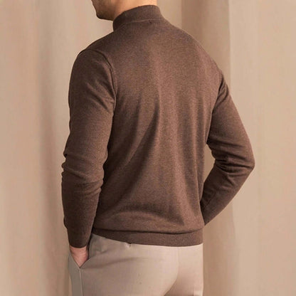 Men's coffee half turtleneck knitted sweater left back view