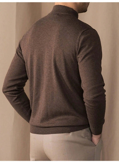 Men's coffee half turtleneck knitted sweater right back view