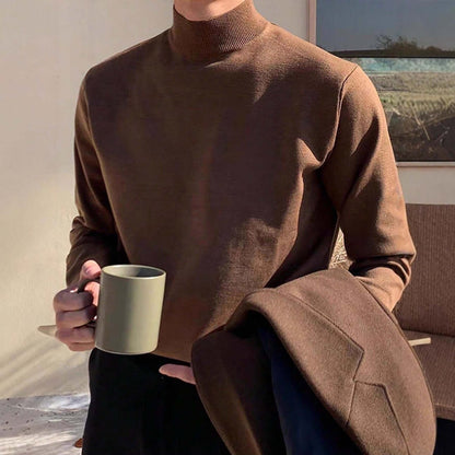 Men's coffee half turtleneck knitted sweater front view on model