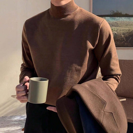 Men's coffee half turtleneck knitted sweater front view on model