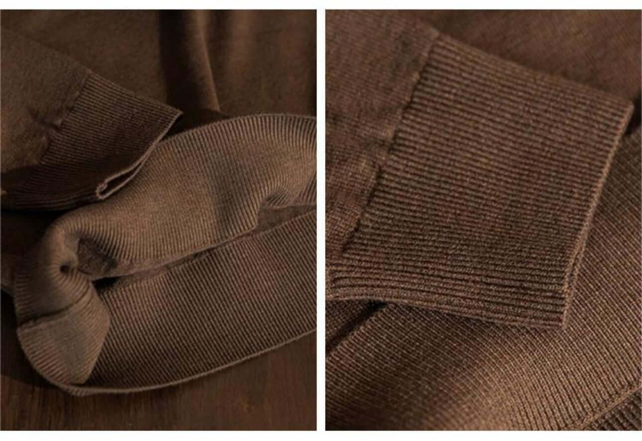 Close-up detail of men's coffee half turtleneck knitted sweater collar