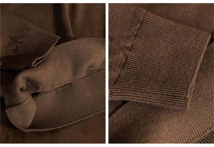 Close-up detail of men's coffee half turtleneck knitted sweater collar