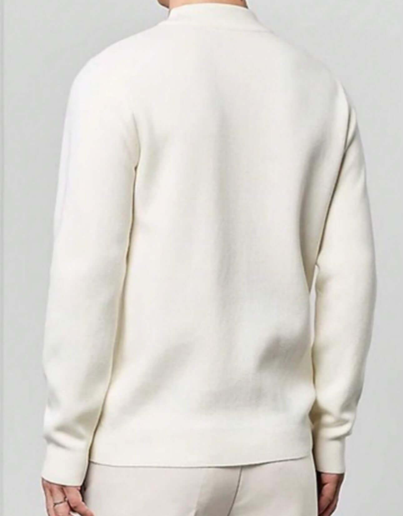 Men's white half turtleneck knitted sweater back view on model