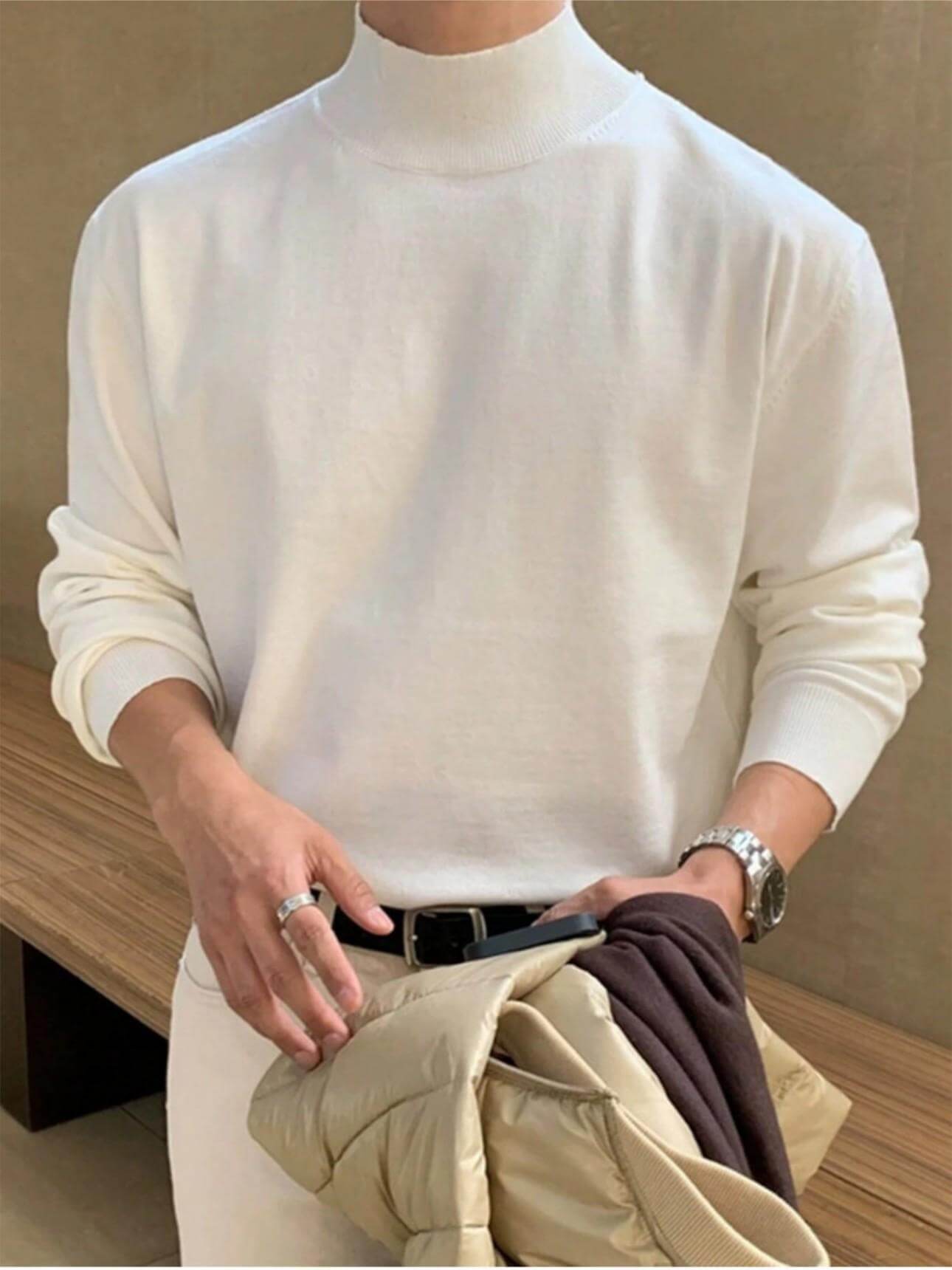 Men's white half turtleneck knitted sweater front view on model