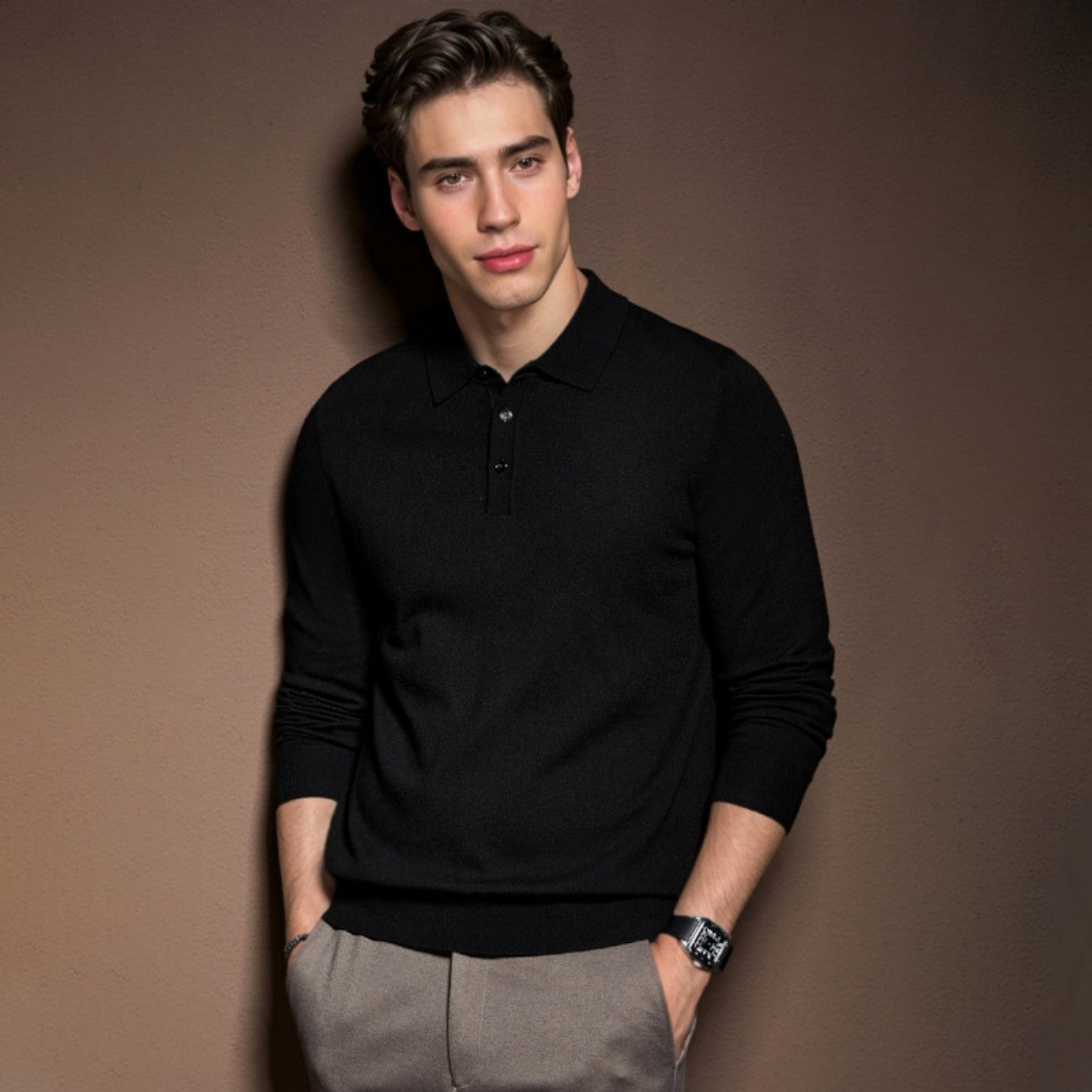 Men's black polo wool sweater front view