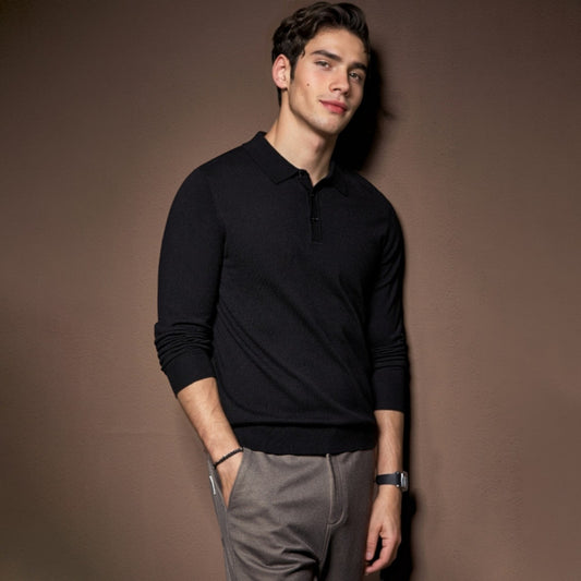 Men's black polo wool sweater side view