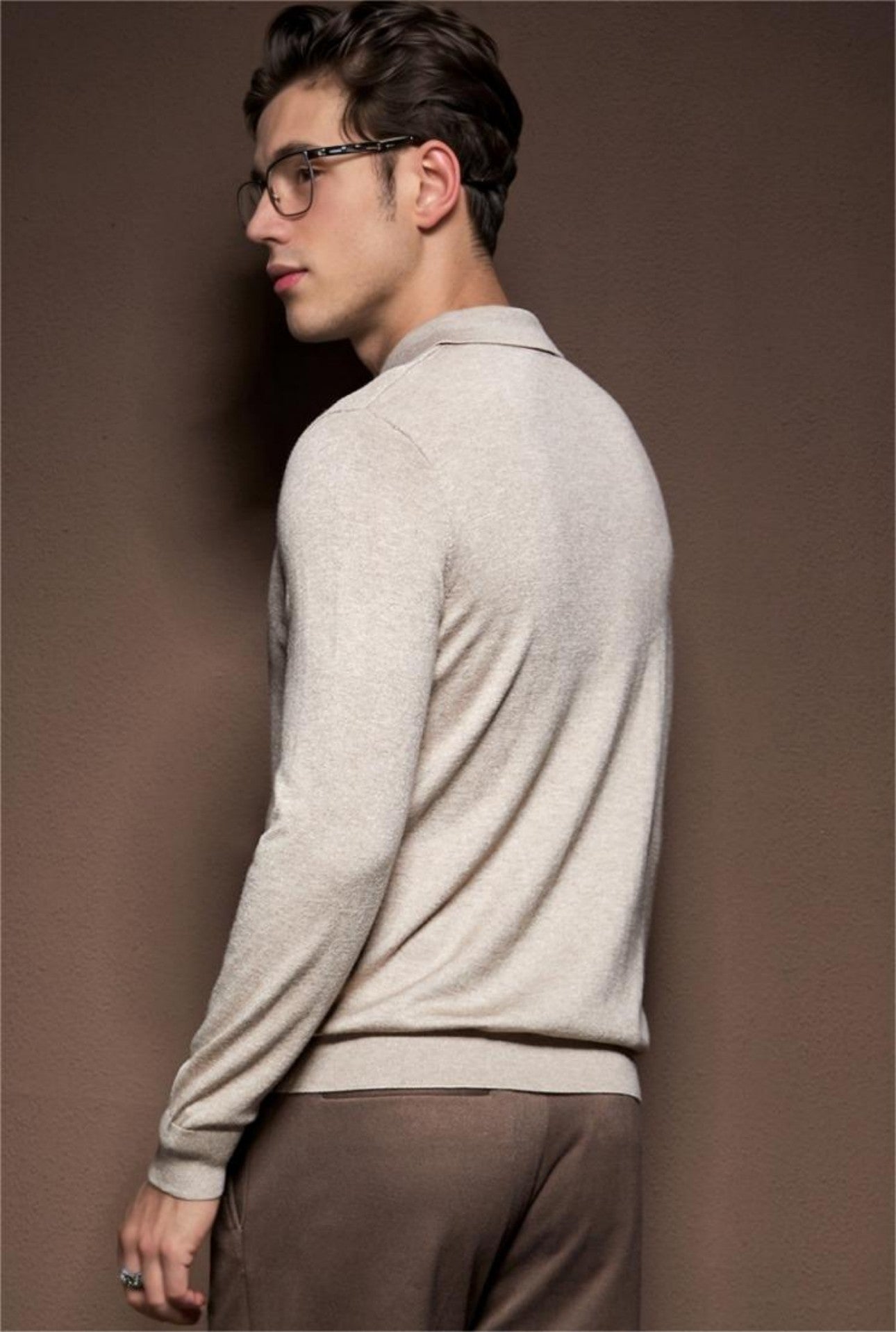 Men's camel polo wool sweater back view