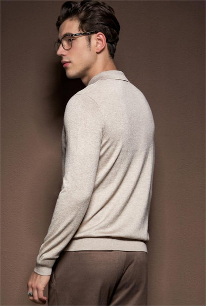 Men's camel polo wool sweater back view