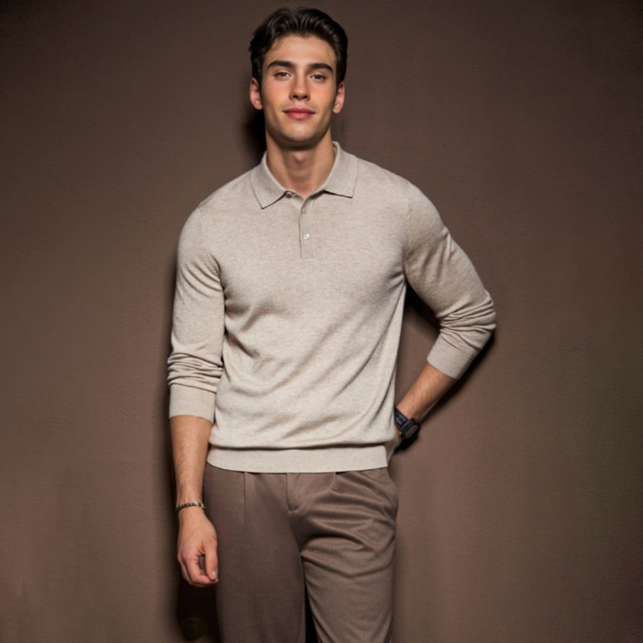 Men's camel polo wool sweater front view